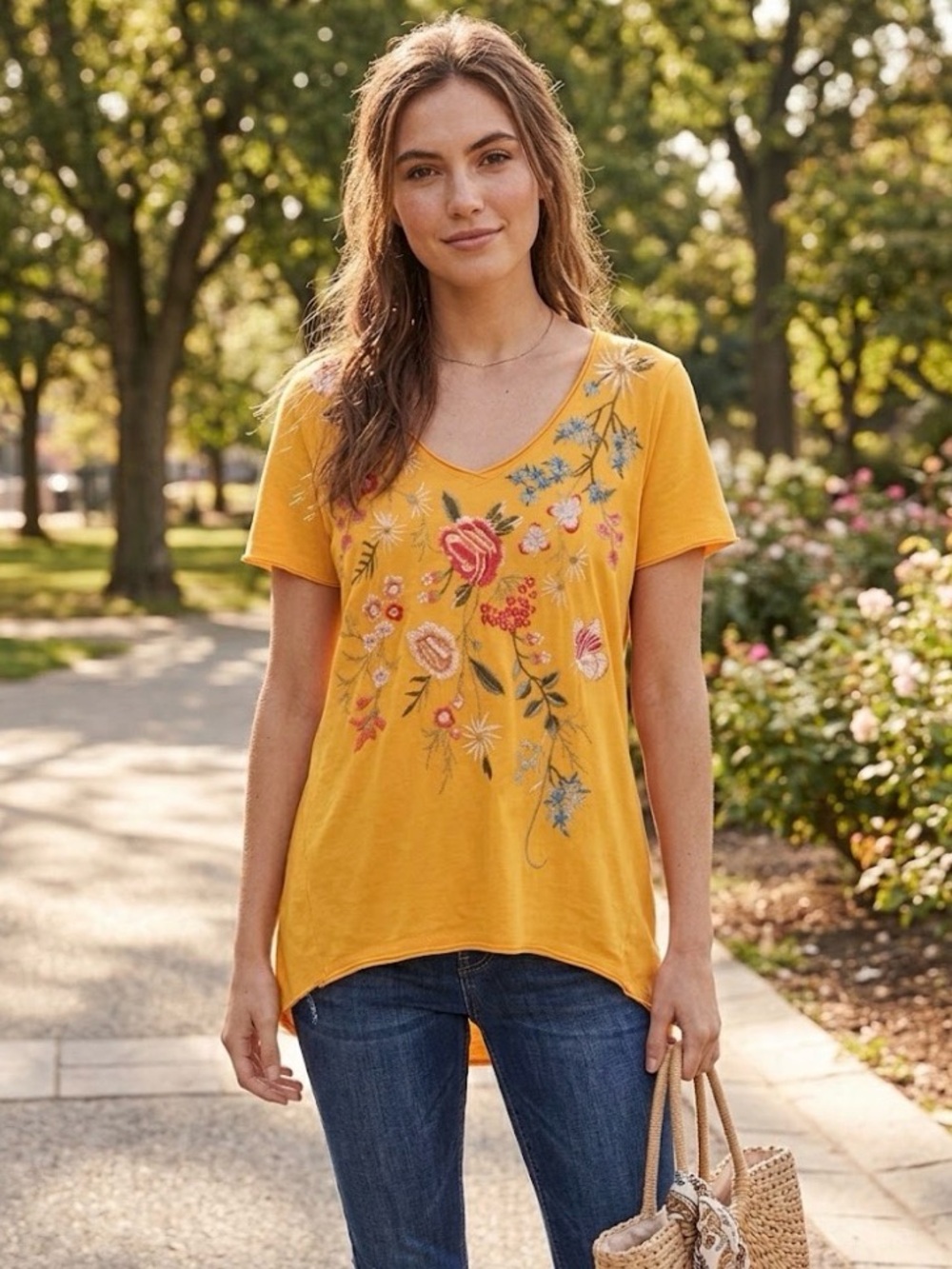Johnny Was LA Mango Color High Low Top with Floral Embroidery size Med